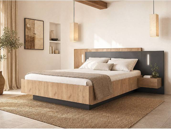 Boxspringbett mit Nachttischen 160 x 200 cm - 2 Schubladen - Mit LEDs - Natur und Anthrazit + Matratze - FRANCOLI