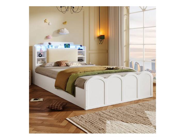 Ulife Hausbett Paneelbett mit USB-C, LED & Hydraulik, Multifunktionale Aufbewahrung, Weiß