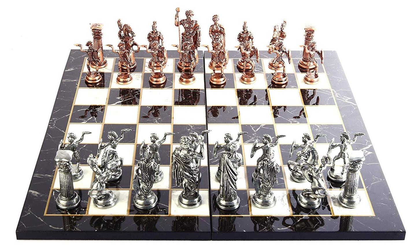 Schachspiel Schachbrett - Metallfiguren Römische Soldaten - 43 x 43 cm - König 11 cm - Kupfer