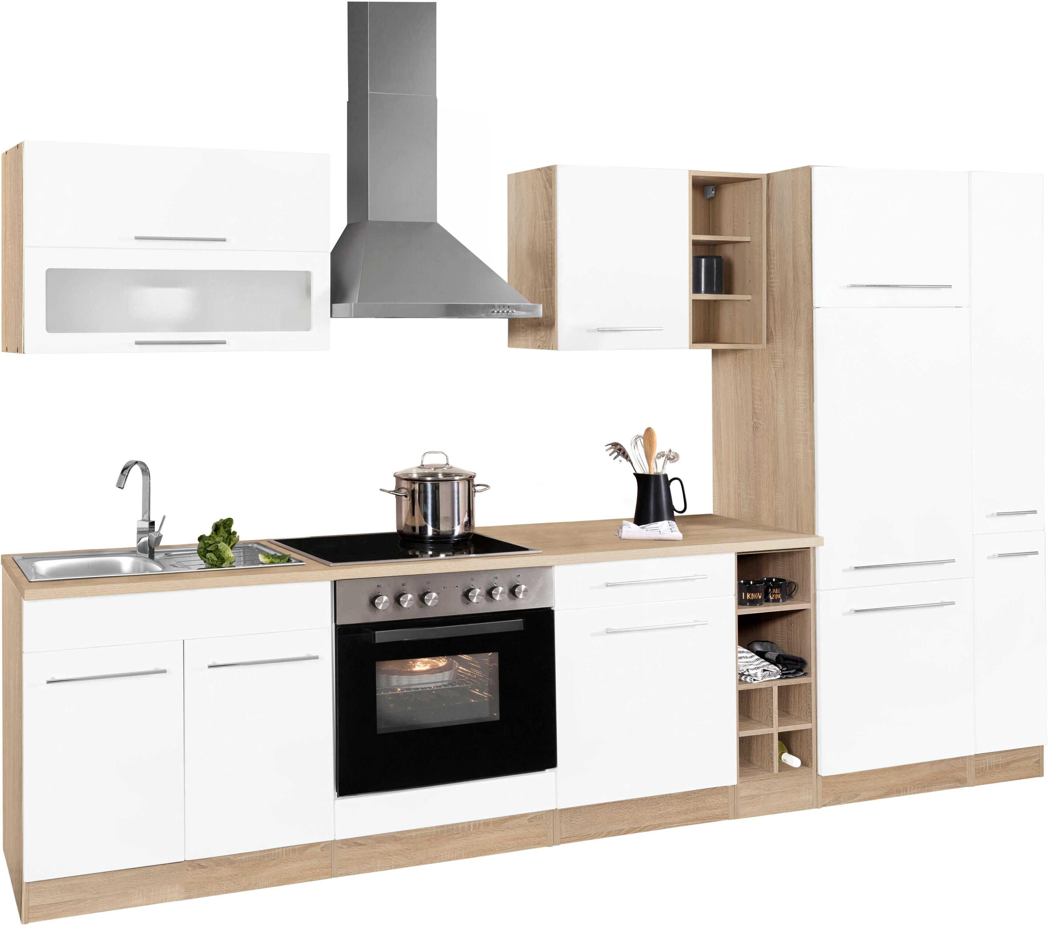 Küchenzeile KOCHSTATION "KS-Eton", weiss (küche: weiß, korpus: eichefarben, arbeitsplatte: eichefarben), B:330cm T:60cm, Komplettküchen-Sets, Küchenzeile, ohne E-Geräte, Breite 330 cm küche: weiß, korpus: eichefarben, arbeitsplatte: eichefarben B/H/T: 330