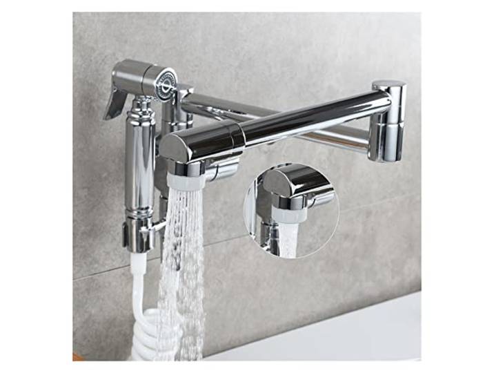 Drehbare Küchenarmatur, Messing Küchenspüle Topffüller Wasserhahn Wandmontage Küchenarmatur mit Seitensprüher for kaltes Wasser Einhand(2 Flow modes-02)