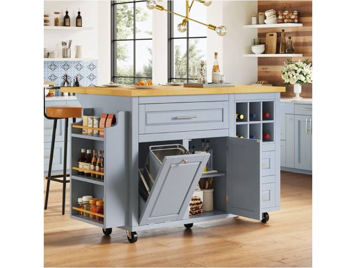 VUENOR Ilot central 143x75x91 cm bleu avec plateau rabattable et rangements