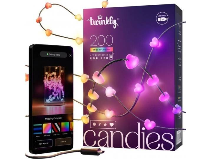 Twinkly Candies – 200 lumières LED RGB en forme de cœur. Câble vert. USB-C