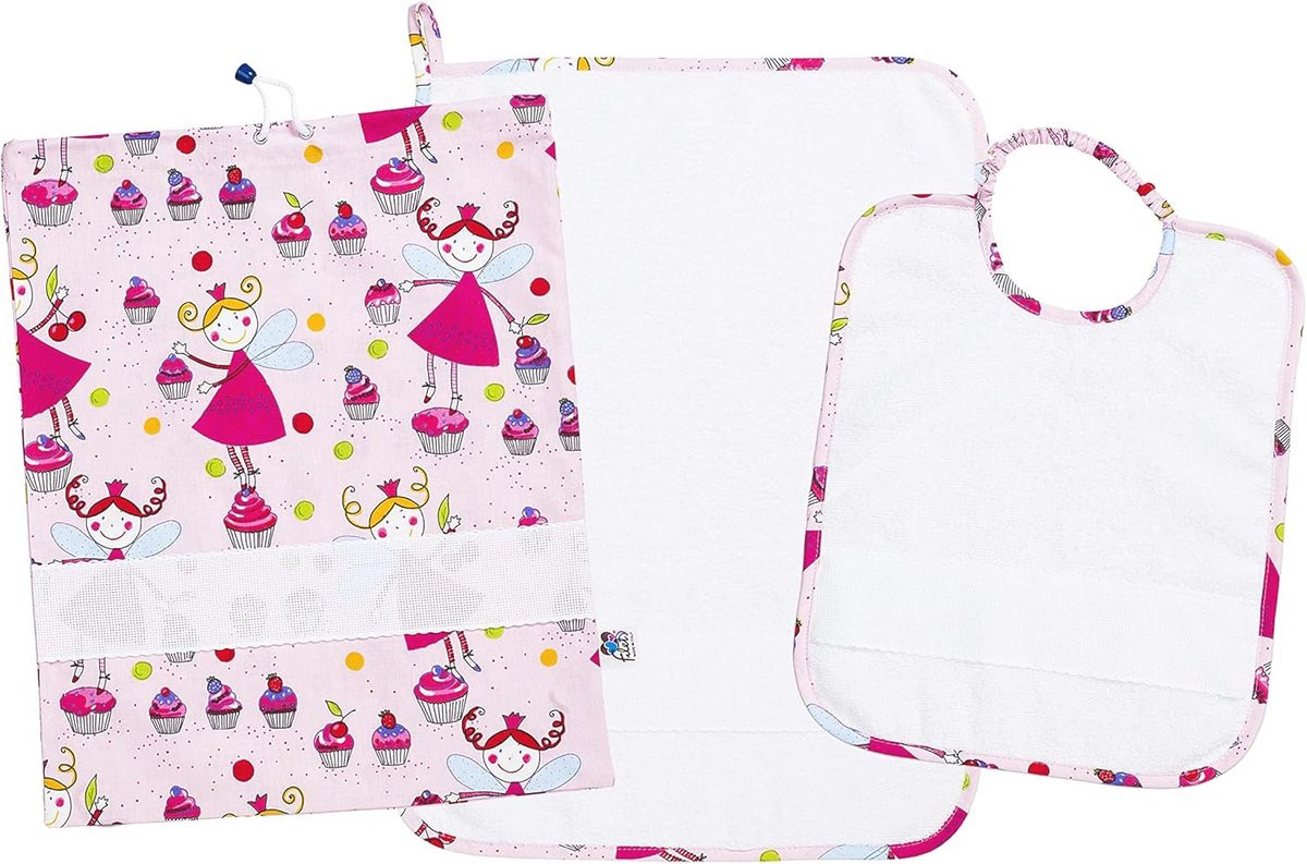 Geborduurde Kleuterschoolset met Cupcake Patroon - Slabbetje, Handdoek, Luiertas en Servethouder