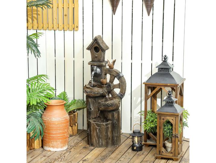 Outsunny Fontaine Cascade LED avec Maisonnette Oiseaux Multicolore