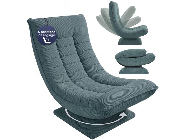 CASARIA Fauteuil tout confort pivotant 360 degrés velours côtelé vert de gris