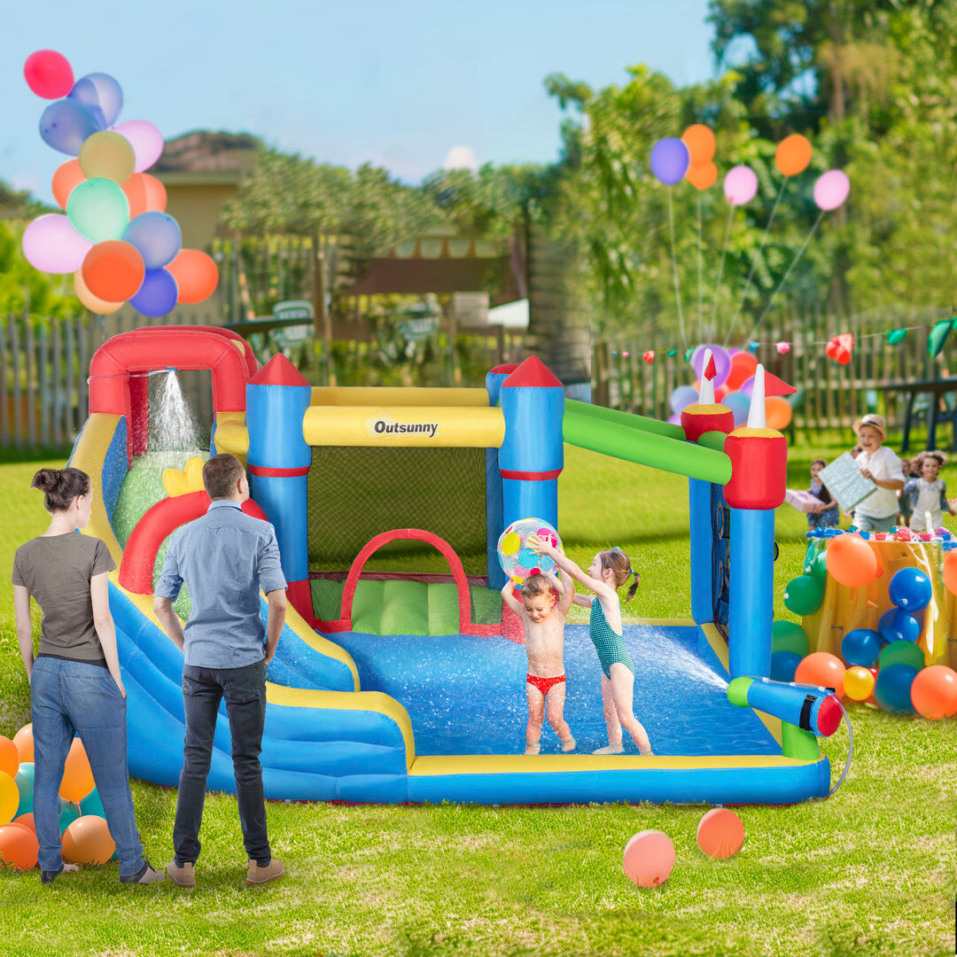 Outsunny Kids Inflatable Bouncy Castle 6 in 1 Water Slide Water Gun Blue;Green;Red;Yellow 3