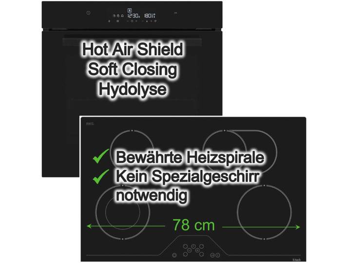 Daewoo Backofen-Set Schwarz Hydrolyse SoftClose mit Glaskeramikkochfeld 78 cm Bräterzone, mit Nachrüstbar, Hydrolyse