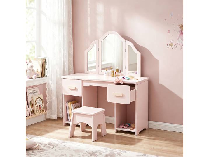 AIYAPLAY Coiffeuse Enfant Rose avec Tabouret, Miroir, 2 Tiroirs