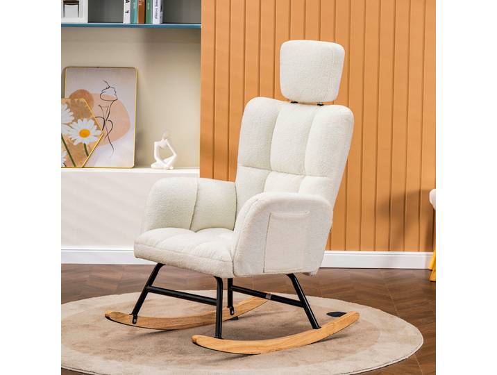 Fauteuil à Bascule COMHOMA Relax avec Accoudoirs et Appui-Tête, Chaise en Tissu Teddy 150 kg pour Salon ou Chambre, Beige