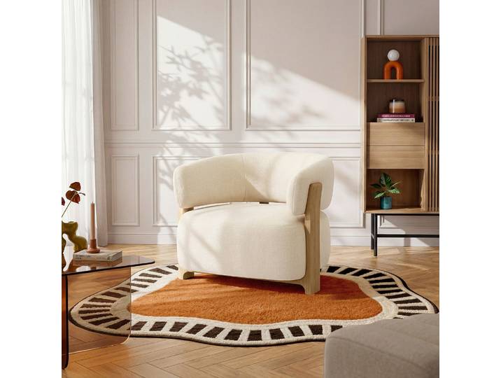HABITAT - Fauteuil en tissu texturé et bois massif finition chêne - Crème - Barrea