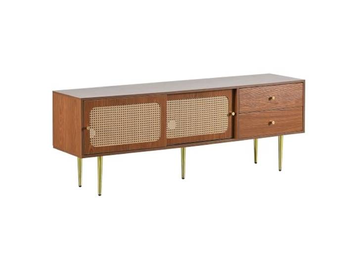 TV-Schrank 160x40x60cm Rattan Schubladen Ablage MDF mit Melaminharzbeschichtung, PE-Rattan-Fronten, 160x40x60cm, Metallfüße, verstellbare Böden, Kabeldurchlässe