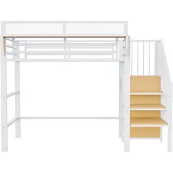 MODFU Hochbett Metall Weiß 255x95x191 cm mit Sicherheitsleiter und verstellbarem Regal