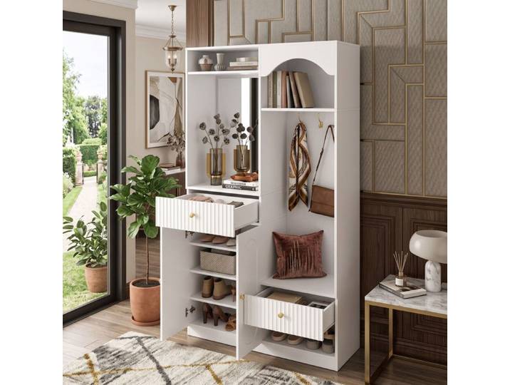 Vestiaire d'Entrée Meuble Chaussures 100x35x180 cm Grand Rangement Miroir Banc Hôtelier LED Bluetooth - Blanc