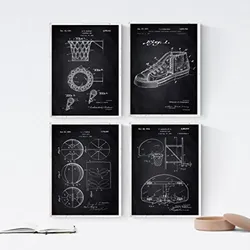 POSTER Set mit 4 Schwarz Patenten Basketball A4 Schwarzer Rahmen