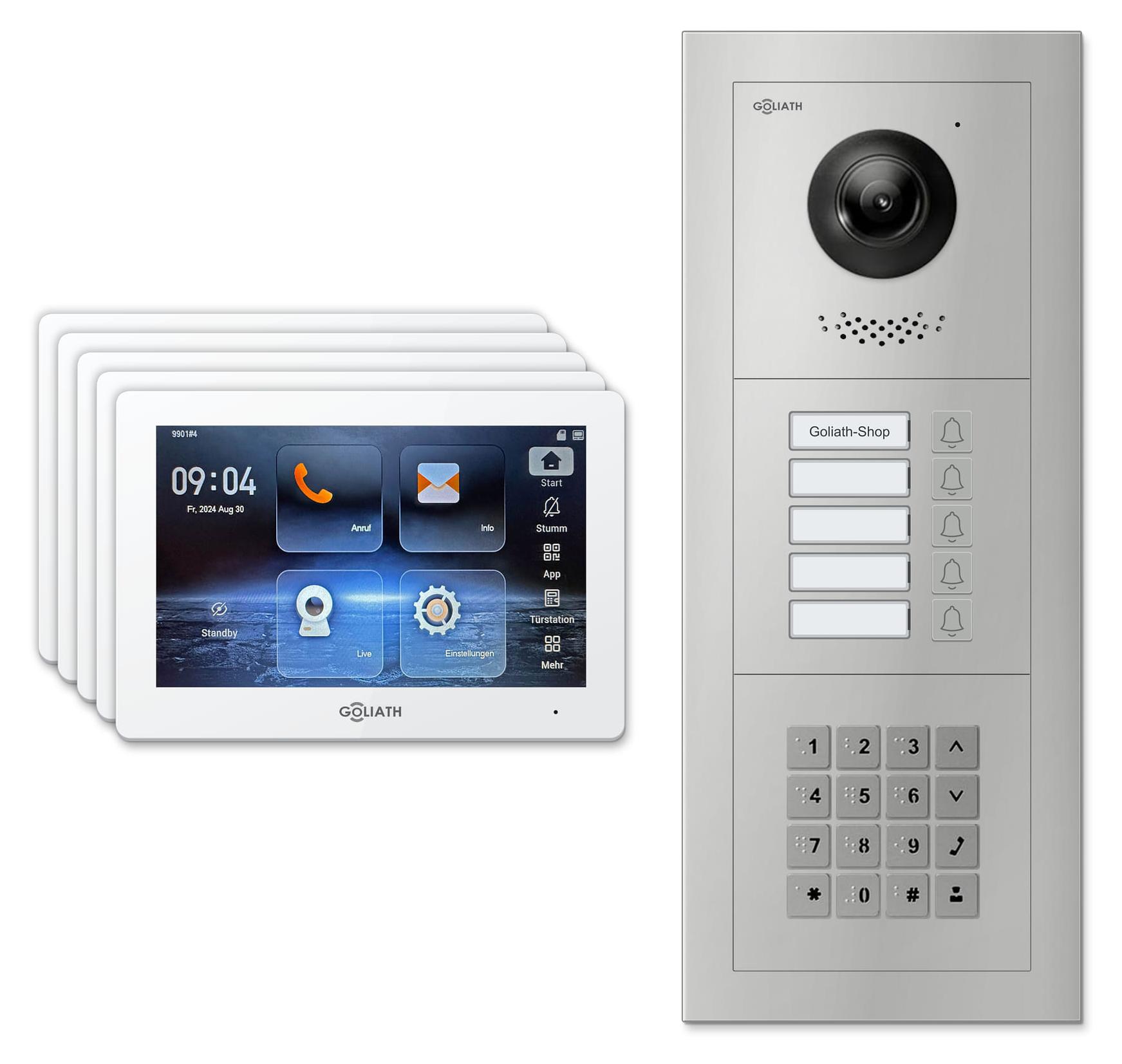 Goliath Premium IP GL-IPH525.1 Video-Türsprechanlage, 5 Familien, 5× 7 Zoll Weiß, Silber, Aufputz
