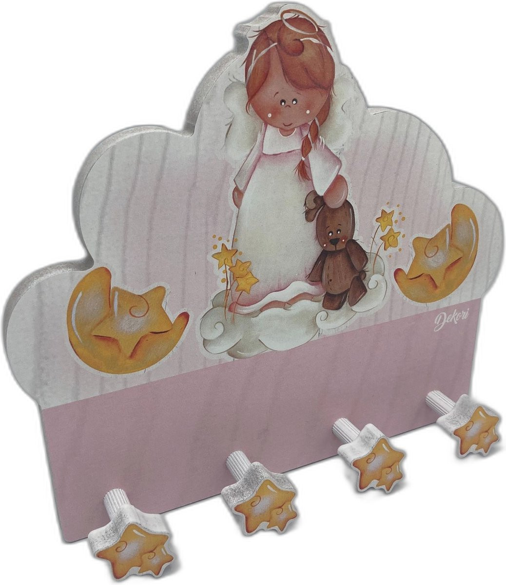 Dekori Wandkapstok voor de kinderkamer met 4 haken - Engeltje met Beer - Hout - B: 25 cm, H: 22 cm