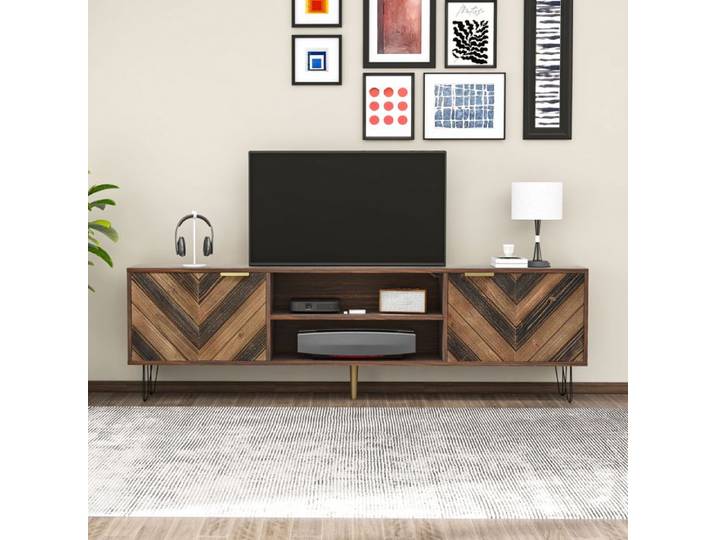 Piaenon - meuble TV 155 x 38 x 48 cm avec 2 portes couleur naturelle poignées dorées sur les portes et pieds robustes en fer.