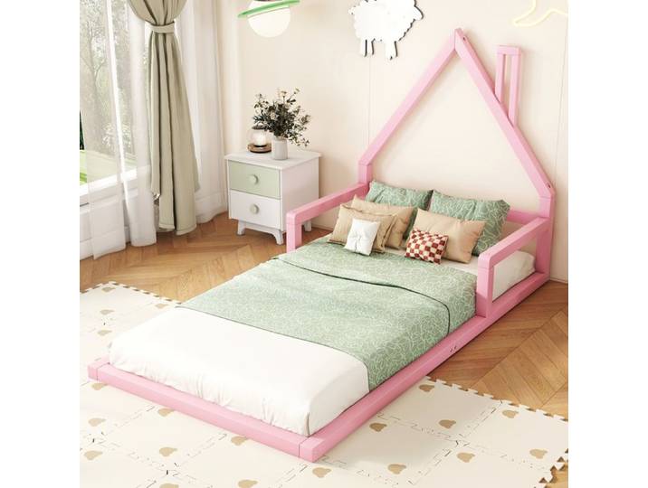 Lit enfant 90 x 200 cm SEYAKANY Lit cabane forme maison pin massif Rose