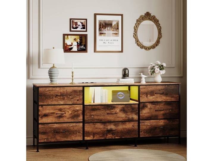 Meuble TV moderne 8 tiroirs tissu 160 cm LED cadre acier TV 65-75 pouces salon chambre Marron