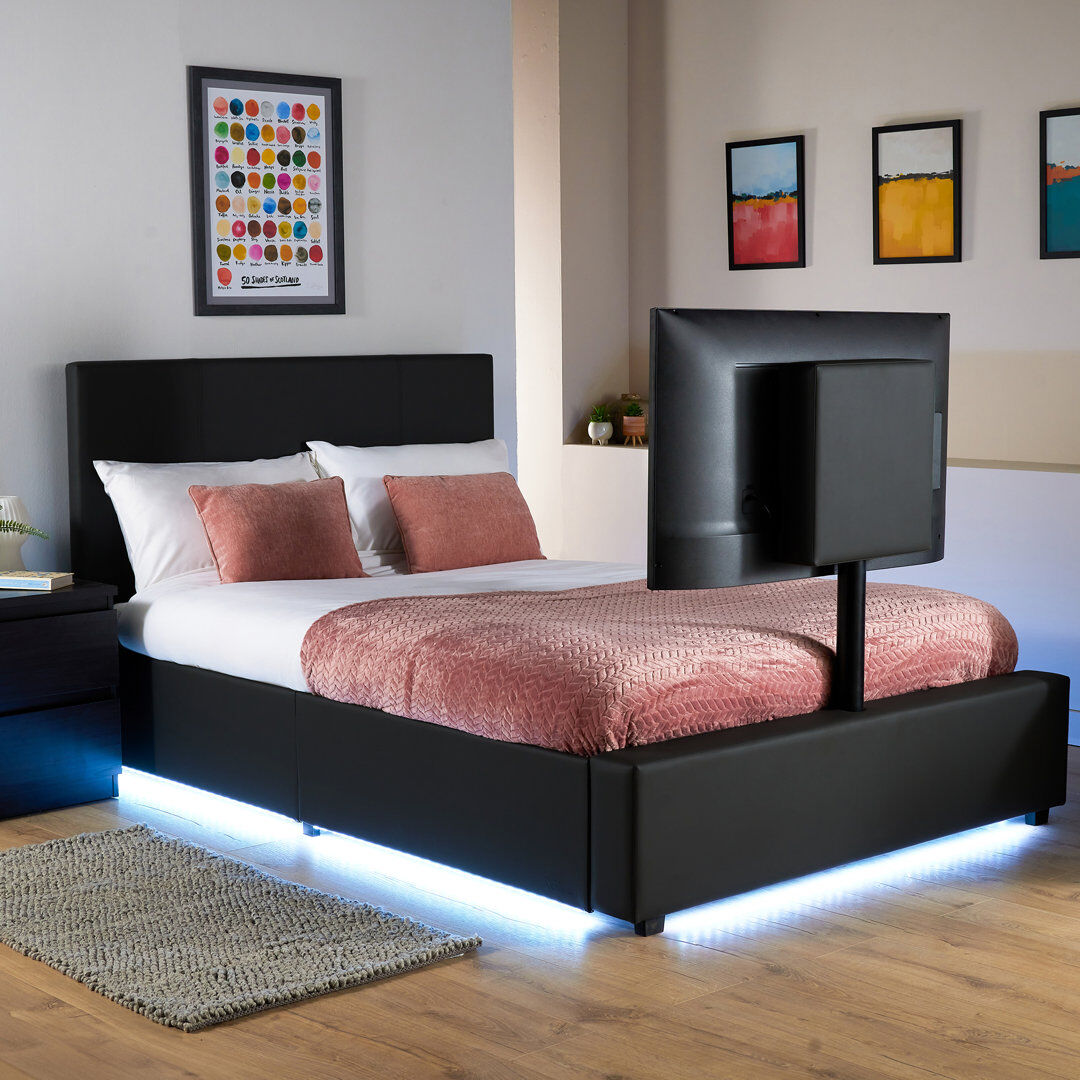 X Rocker XR Living Ava Upholstered TV Bed with LED Lighting Black Double (4'6)