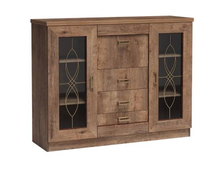 Lomadox Sideboard Anrichte Wohnzimmerschrank Schrank mit Vitrinentüren 3 Schubladen in Lefkas Eiche 140x109,5x44 cm