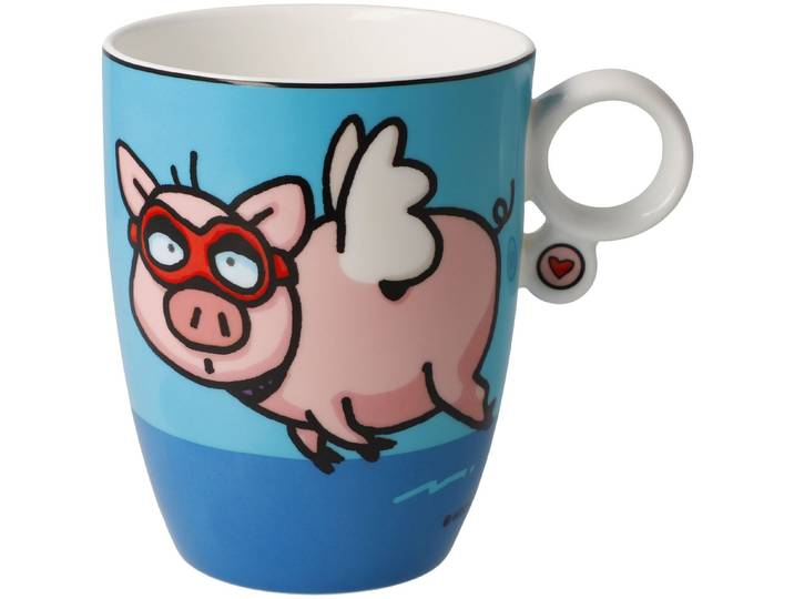 Tasse GOEBEL Künstlertasse Ed Eck- When Pigs Fly , blau (bunt), B:9cm H:11cm, Porzellan, Trinkgefäße, Tasse