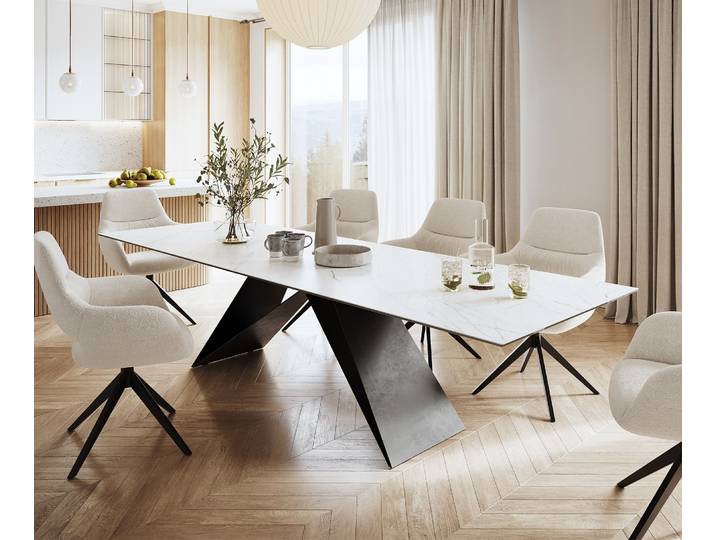 DELIFE Esstisch Edge 300x100cm Keramik Laminam®Statuarietto Weiß V-Mittelfuß Schwarz, Esstische