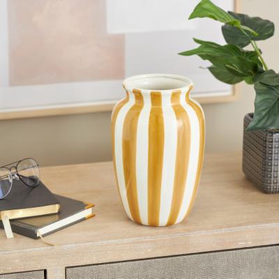 ARCILLA ELEMENTAL White Ceramic Round Wide Decorative Vase with Yellow or Teal Vertical Stripes