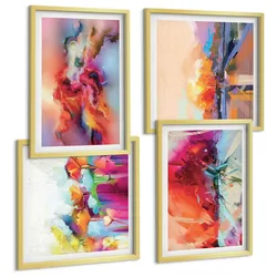 BILDER SET 4er Set - 50x50 cm & 40x60 cm Goldrahmen - Farbenfrohe Abstraktionen der Form