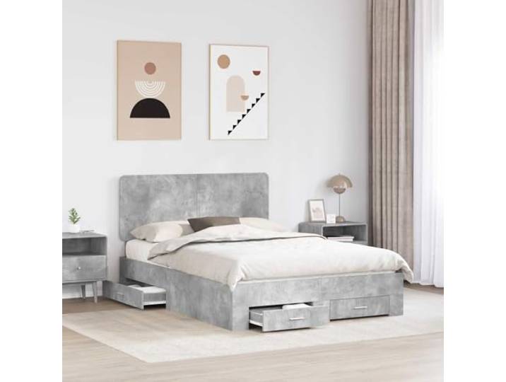 KTHLBRH Bett mit Schubladen, Zementgrau, 160 x 200 cm Technisches Holz, mit Kopfteil, integrierter Behälter, einfacher Zusammenbau