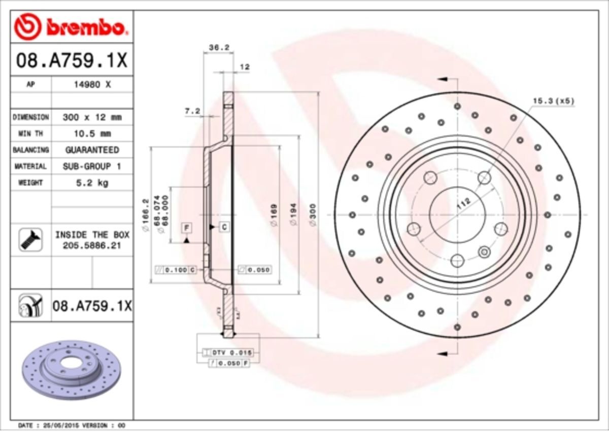 Bremsscheibe BREMBO 08.A759.1X, hinten, gelocht, perforiert, voll, 1 Stück