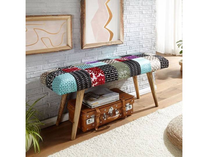 WOHNLING Banc 117x38x51 cm Velours Bois Massif Multicolore Patchwork