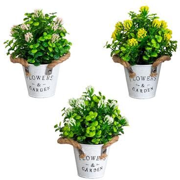 Nearly Natural 8-in Blooming Plant in Rustic Flowers & Garden Planter - Set of 3