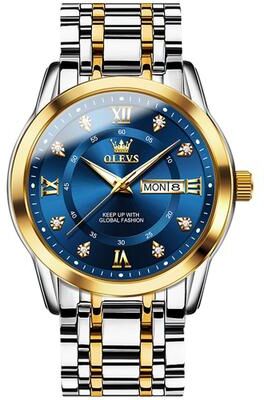 Everyday Crate OLEVS 5513 Mens Business Watch Quartz Watch Waterproof Luminous Stainless Steel Dress Watch blue + Gold