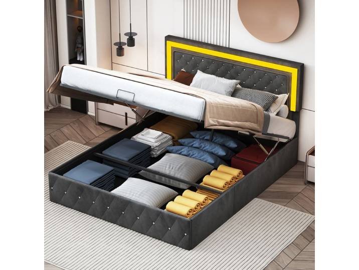 160x200 Lit double capitonné lit coffre avec éclairage LED lit adulte décoration cloutée tissu velours noir