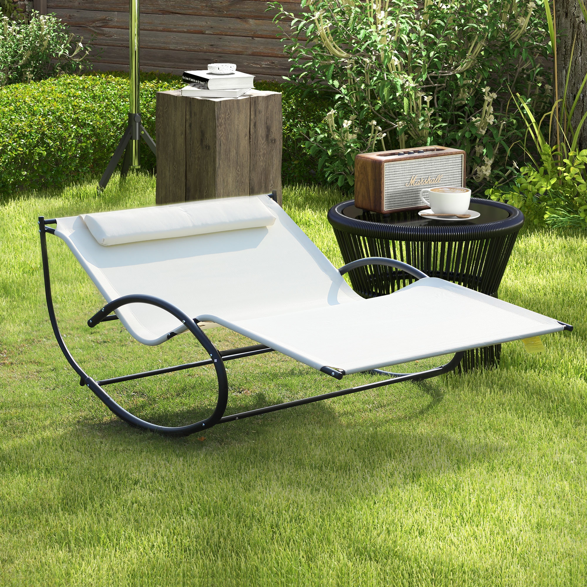 Outsunny Lettino Prendisole 2 Posti, Sdraio da Giardino a Dondolo in Metallo e Textilene, 140x200x36-88cm, Bianco Crema Aosom