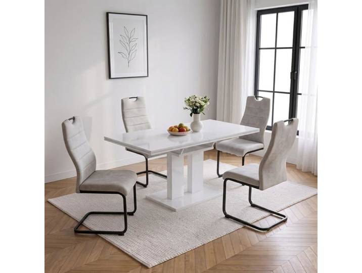 JIEXI Lot table de salle à manger extensible blanc brillant 4 chaises cantilever crème ensemble moderne salle à manger