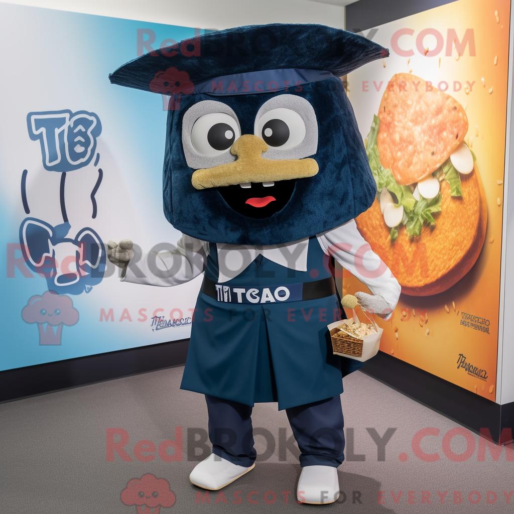 Maskottchen-Charakter REDBROKOLY eines Navy Tacos bekleidet mit Hose und Messenger-Tasche