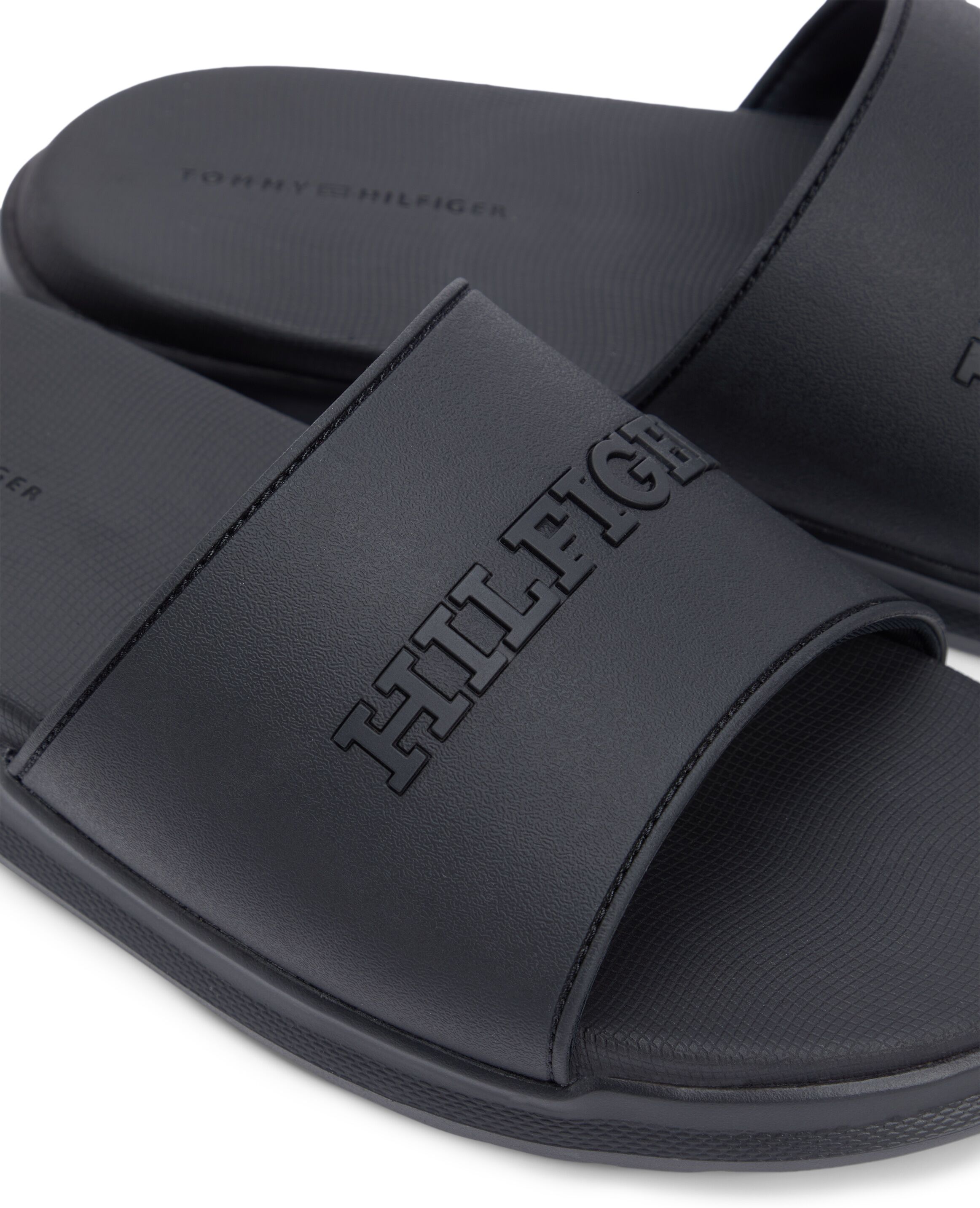 Pantolette TOMMY HILFIGER "DUAL DENSITY HILFIGER POOL SLIDE", Herren, Gr. 41, Textil, schwarz, Gummi, Schuhe Pantolette, Sommerschuh, Schlüpfschuh mit Logoschriftzug schwarz 41, Textil