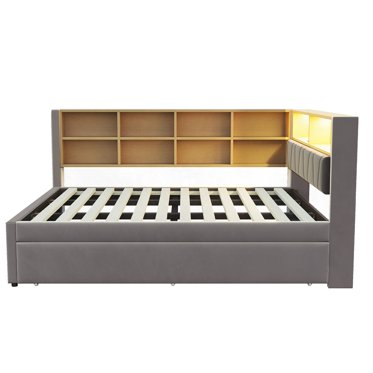 Schlafsofa mit LED Leuchten Steckdosen und vielen Ablagefächern Polsterbett Multifunktionsbett Jugendbett Gästebett 140*200cm Dunkelgrau