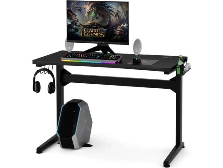COSTWAY Bureau Gamer Ergonomique Bureau Informatique avec Porte-Gobelet Support pour Casque et Tapis de Souris 115x60x76cm Noir