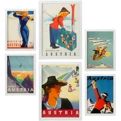 POSTER Set Mit 6 Österreich 2 Vollfarbige Illustrationen Von Vintage Tourismus Werbetafeln Aus Der Ganzen Welt Innenarchitektur A3 & A4 Weißer Rahmen