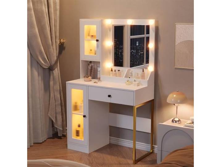 ZoomBuggy Schminktisch Mit Hocker, Spiegel Und Beleuchtung Mit Hocker, beleuchtetem Spiegel und goldenen Beinen – alles findet seinen Platz