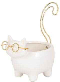 Sagebrook Home Sagebrook House Kitty Trinket Tray, White and Gold Ceramic Jewelry Holder/Organizer for Bathroom, Nightstand, Decor