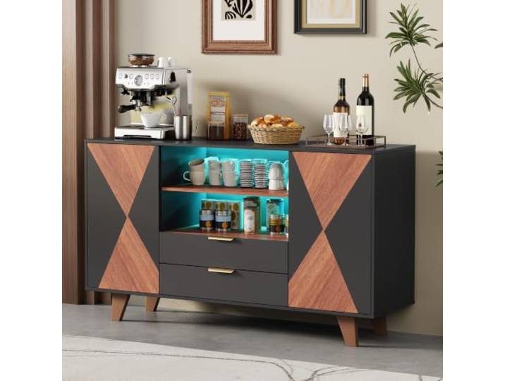 Merax Sideboard mit 2 Schubladen, Küchenschrank mit LED-Beleuchtung und Verstellbaren Einlegeböden, Vorratsschrank mit Arbeitsplatte im Modernen Design für Küche und Wohnzimmer, 40x150x90cm, Schwarz