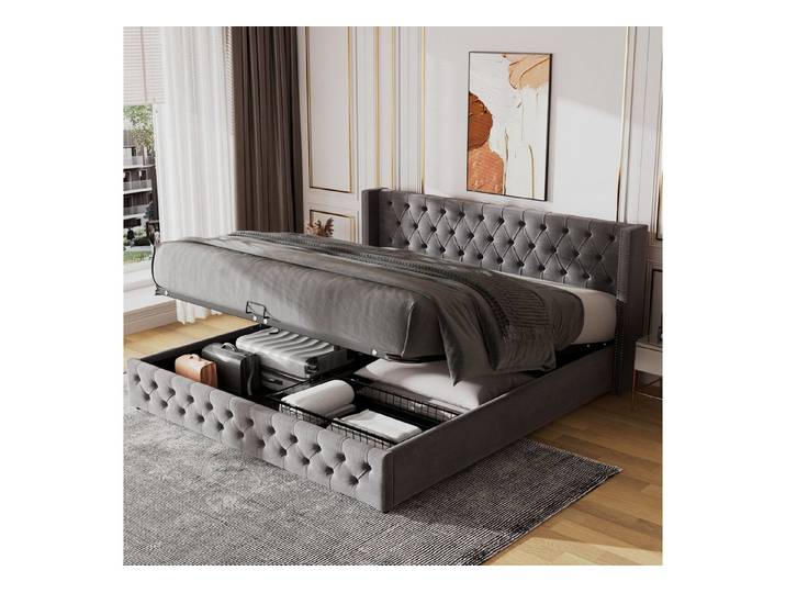 STILVORA Polsterbett Doppelbett 180×200 mit Stauraum,Hydraulisches Jugendbett,Ohrenform (Bettunterseite ist mit schmutzabweisenden schwarzen Vliesstoff, Grau, Ohrenform Doppelte Nietenreihe Flanell, Knopfnähte Kopf-und Fußende), 180x200cm,ohne Matratze