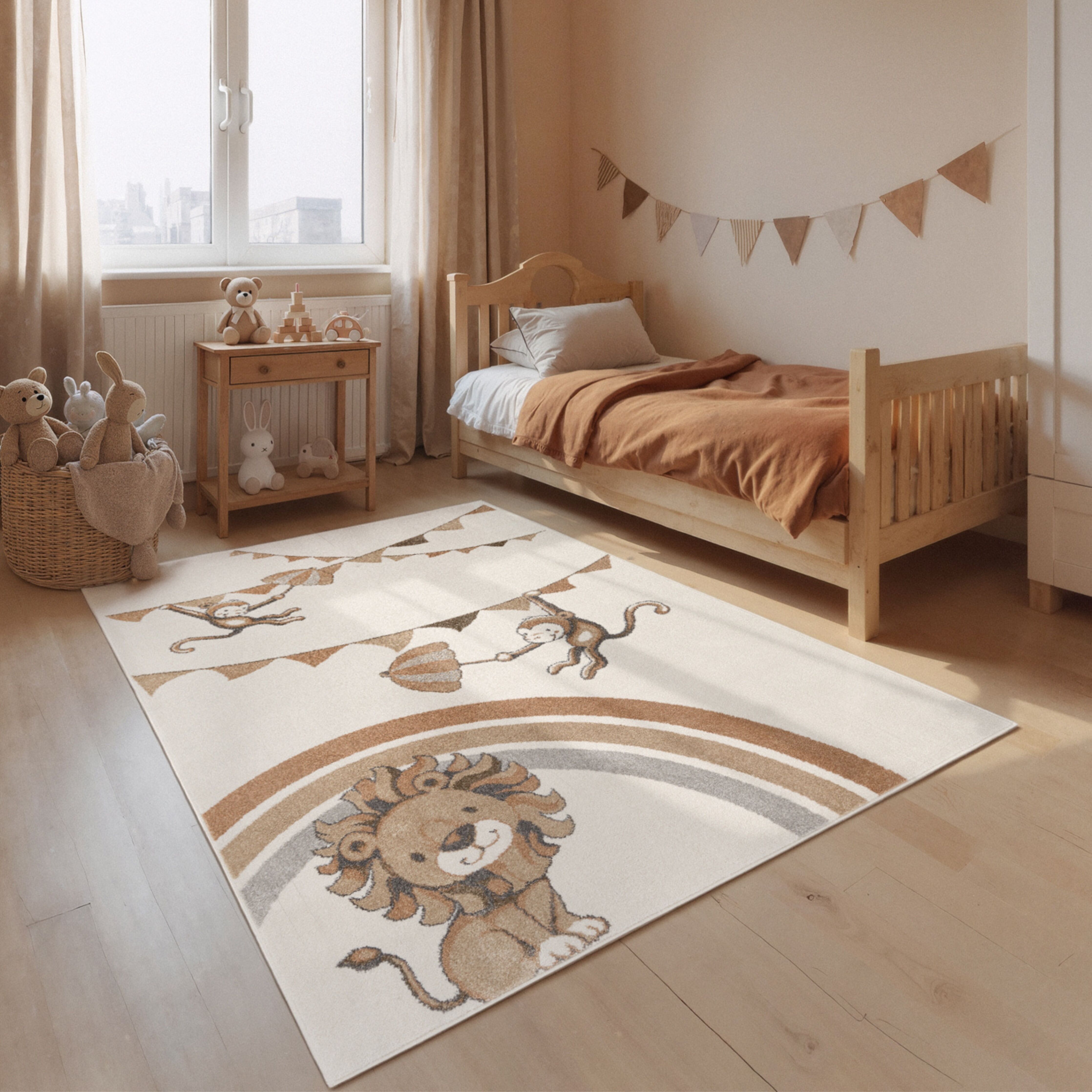 Kinderteppich VILLEROY & BOCH "Roar like a Lion Rainbow Party Teppich", braun (creme, mulitfarben), B:160cm H:9mm L:230cm, Polypropylen, Teppiche, Kinderteppich, Spielteppich weich, Kinderzimmer, Boho Kids Spielunterlage, Tieremotiv creme, mulitfarben B :