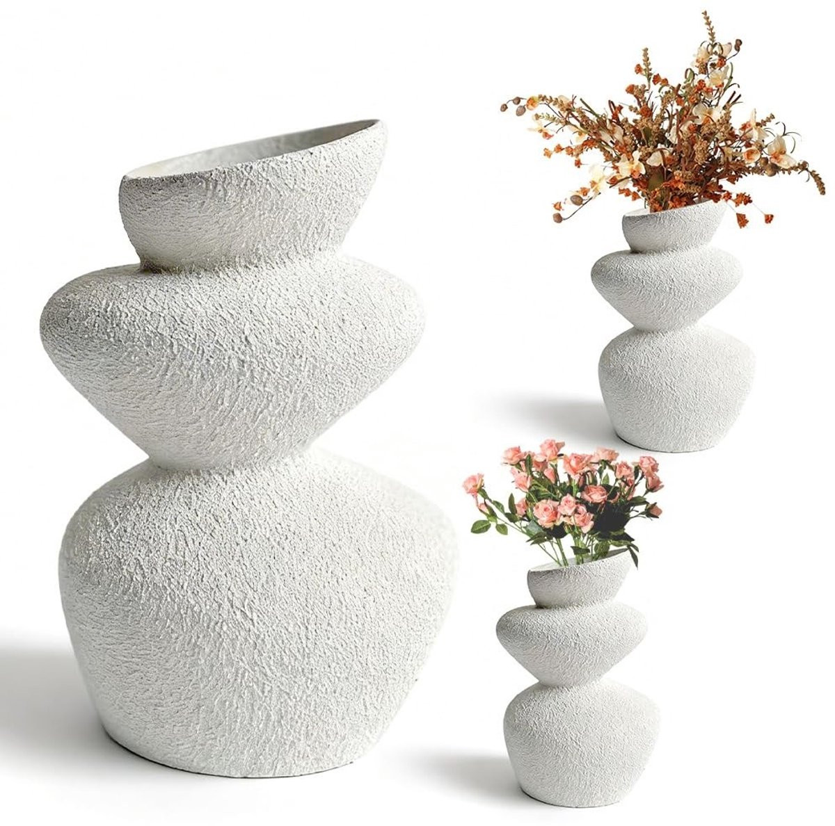 SnelShoppen Witte Tower Vase - Ceramische Sculpturale Vaas met Ruwe Steenstructuur