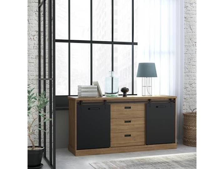 Forte KASZIMIRO Sideboard mit 3 Schubladen und 2 Türen, Holzwerkstoff, Waterford Eiche/Schwarz, B x H x T: 173,3 x 88,2 x 52 cm